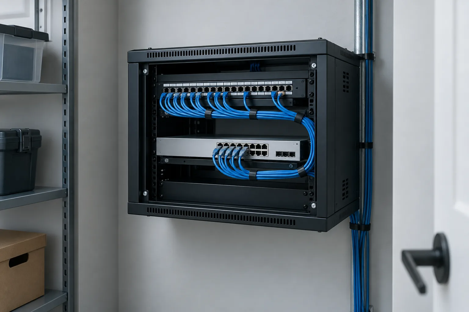 Illustrative compact equipment rack with neatly arranged blue cabling